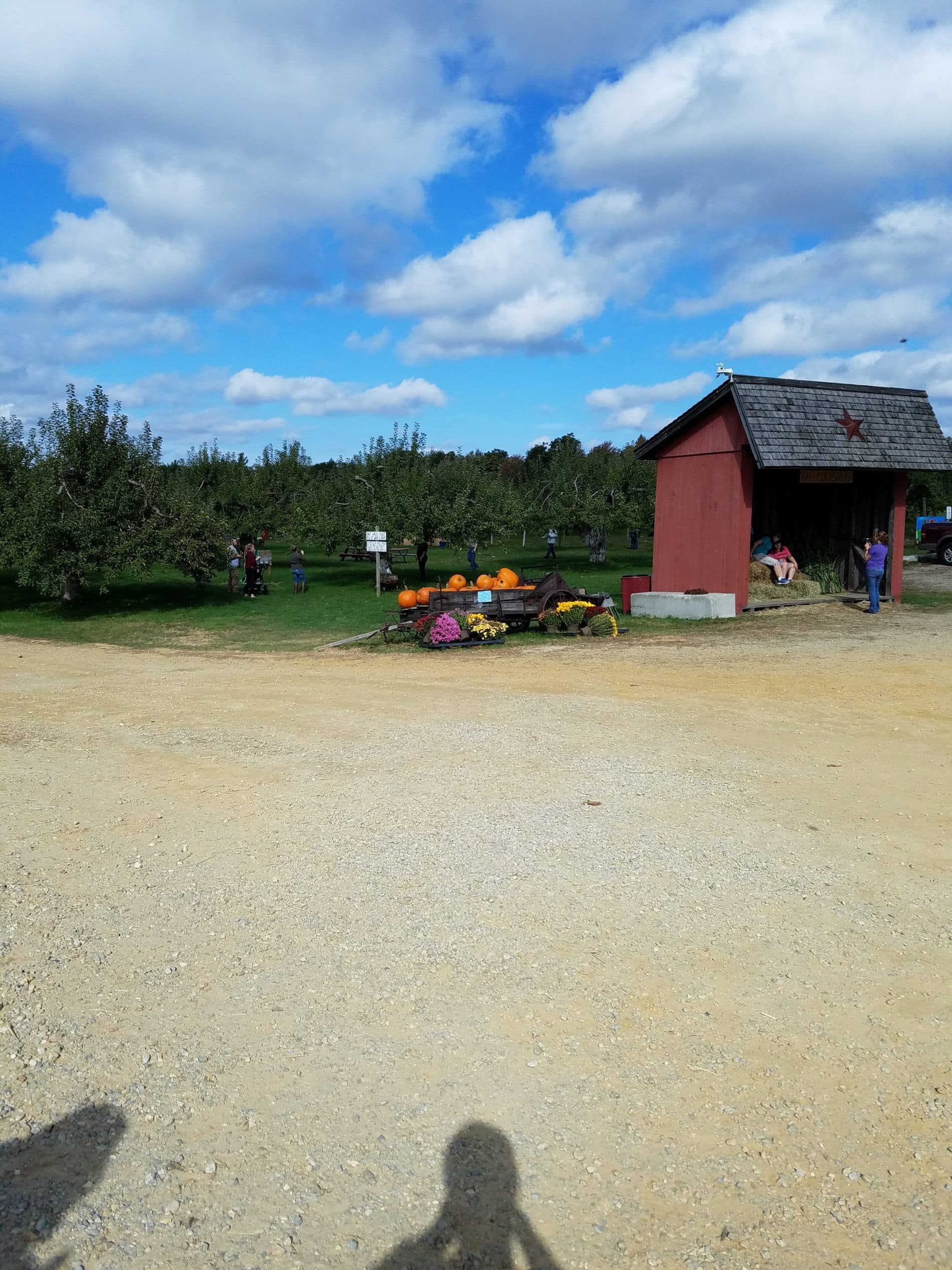 A red overhang provides hay bales for people to sit on and pose for pictures, while a small cart has several pumpkins to pick from