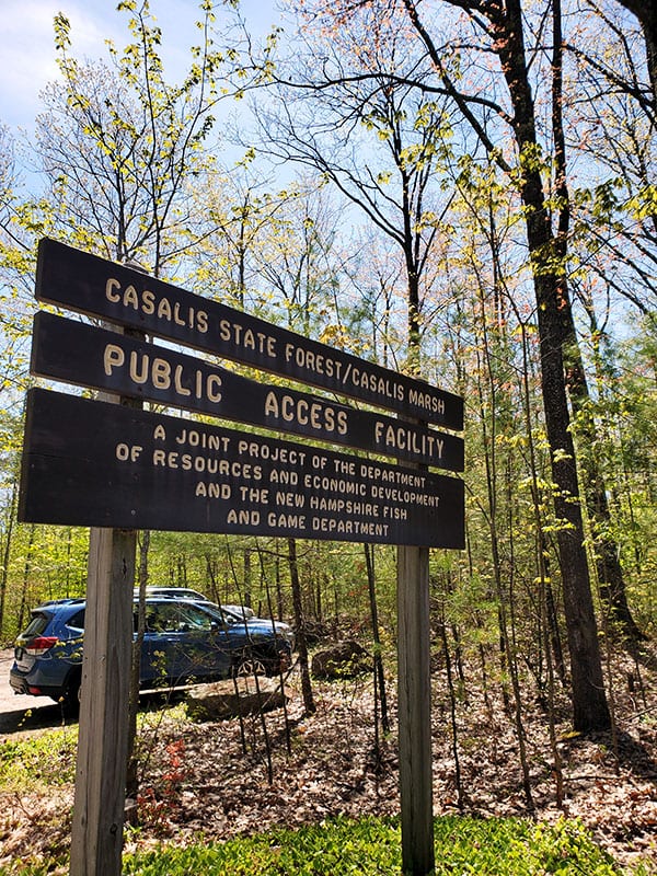 A brown state park sign listing the regulations of Casalis State Forest with the parking lot behind it