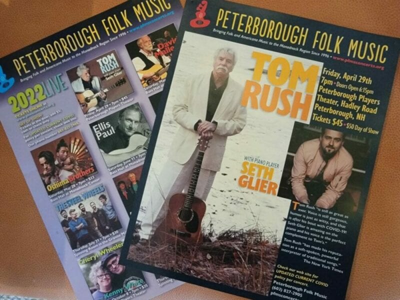 Two posters next to each other. The one on the left has a listing of several folk music concert listings, and the one on the right highlights the most recent one for Tom Rush on April 29th 2022