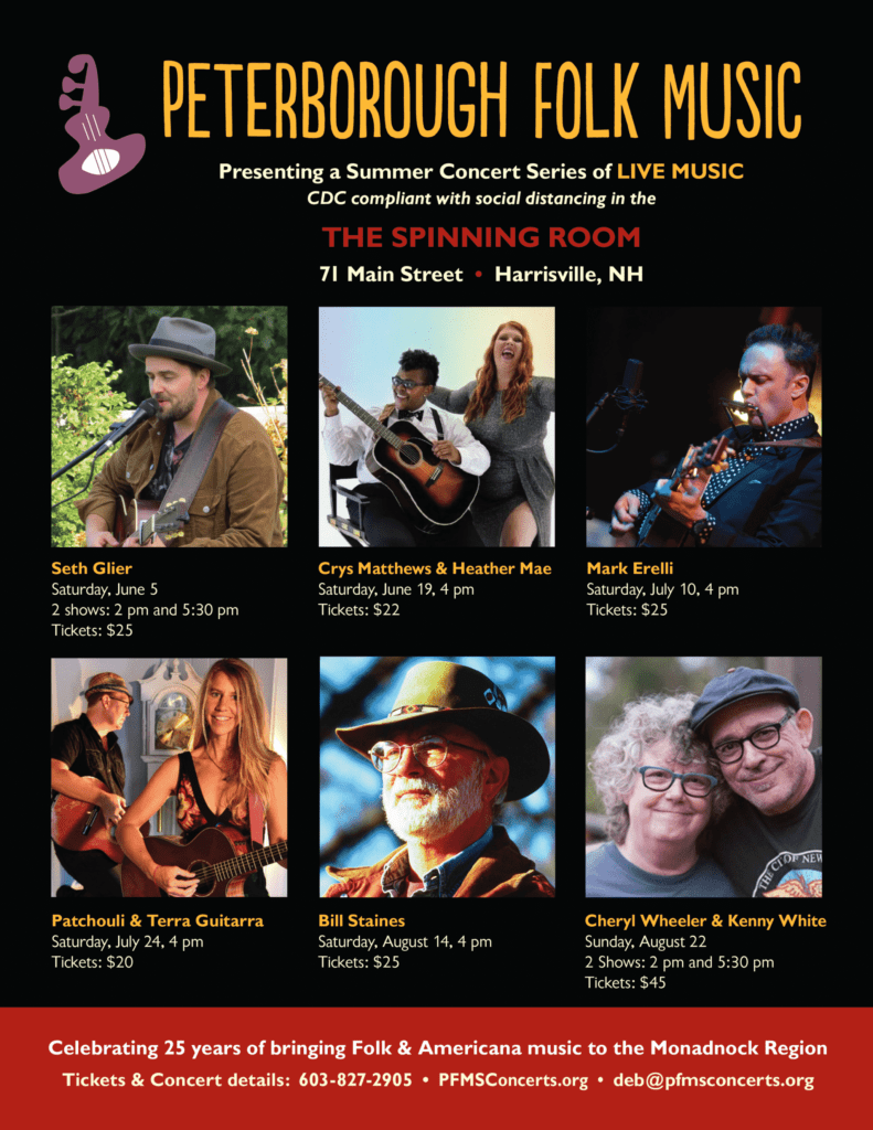 A poster for the Peterborough Folk Music Society's Summer line up. Six bands are featured with images to accompany them and details