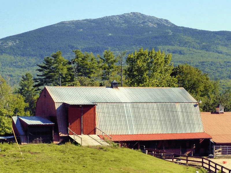 A barn with a mountain behind it on a sunny day