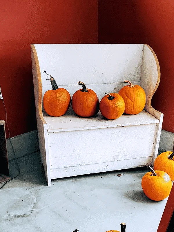 White indoor bench with orange pumpkins sitting on top and to the side
