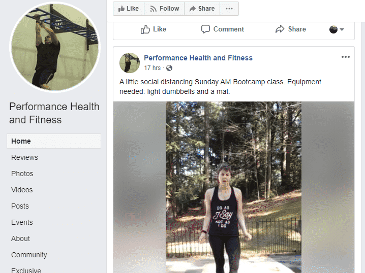 Screenshot of performance health and fitness facebook page with a video workout