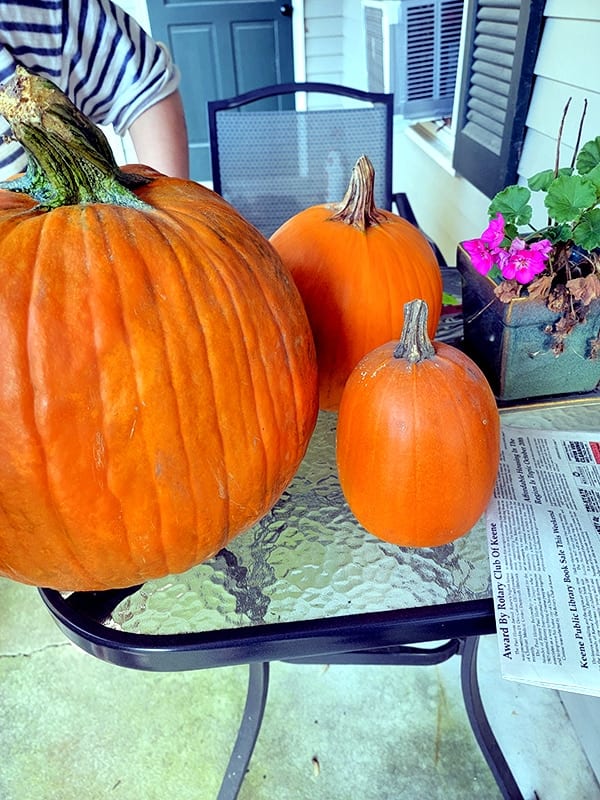 three pumpkins sitting on a table waiting to be carved