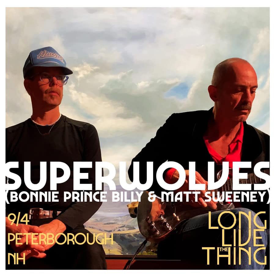 An advertisement for a band playing at Long Live the Thing, two men with guitars and a cloudy sky behind them have the words SUPERWOLVES placed atop the image.